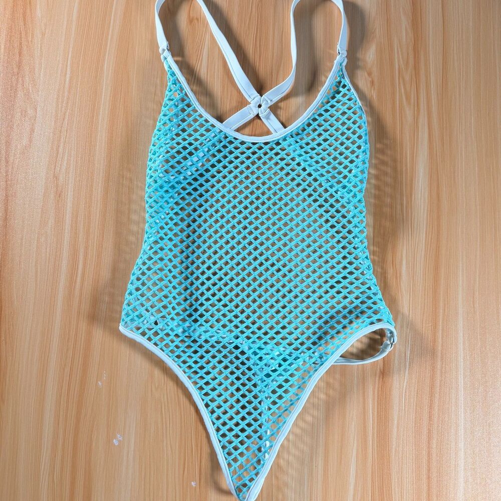 Wicked Weasel Fishnet Mesh One Piece Swimsuit XS Aqua White Sheer Australia